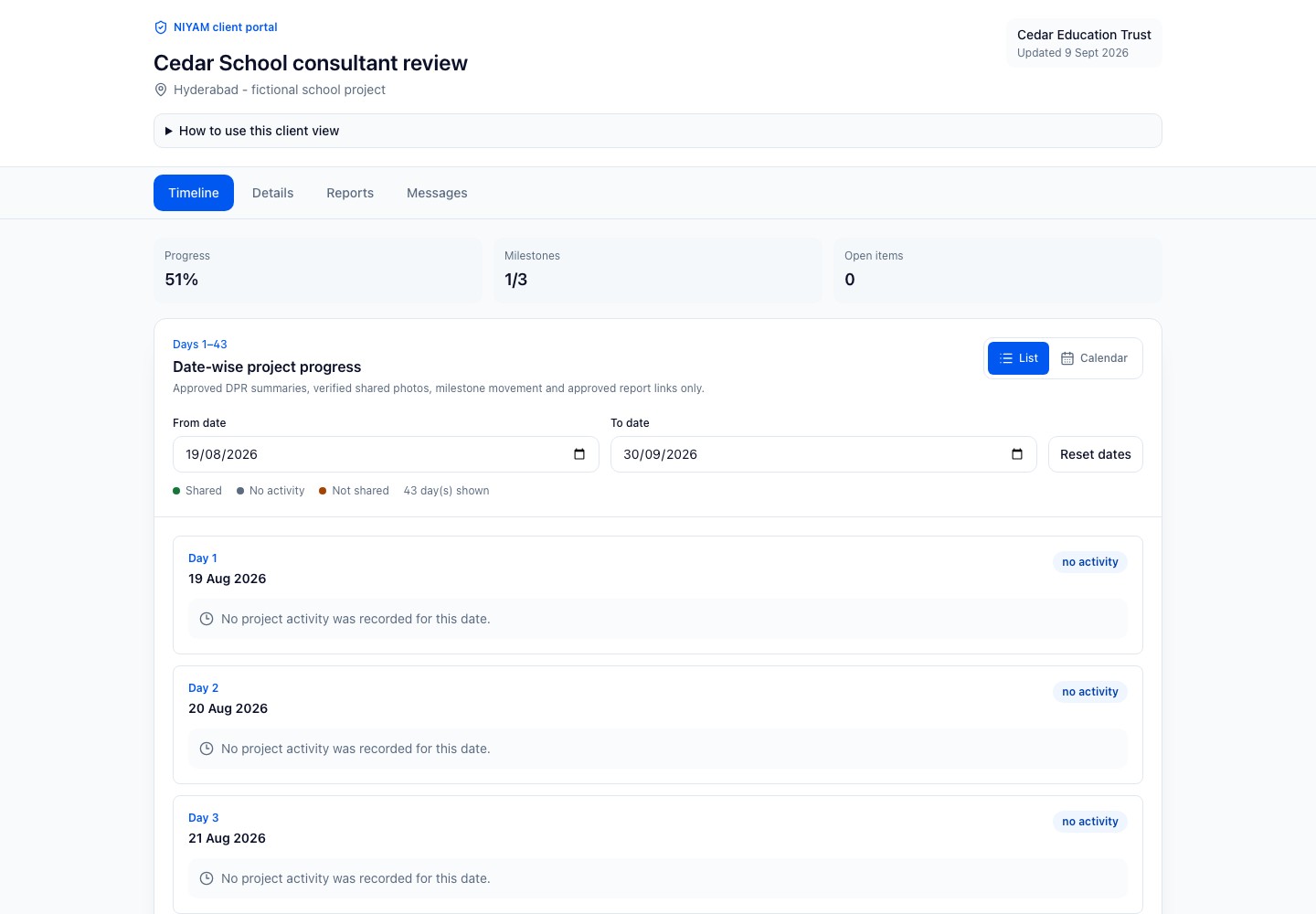 Actual NIYAM client portal for the fictional Cedar School, showing only approved project progress and shared evidence.