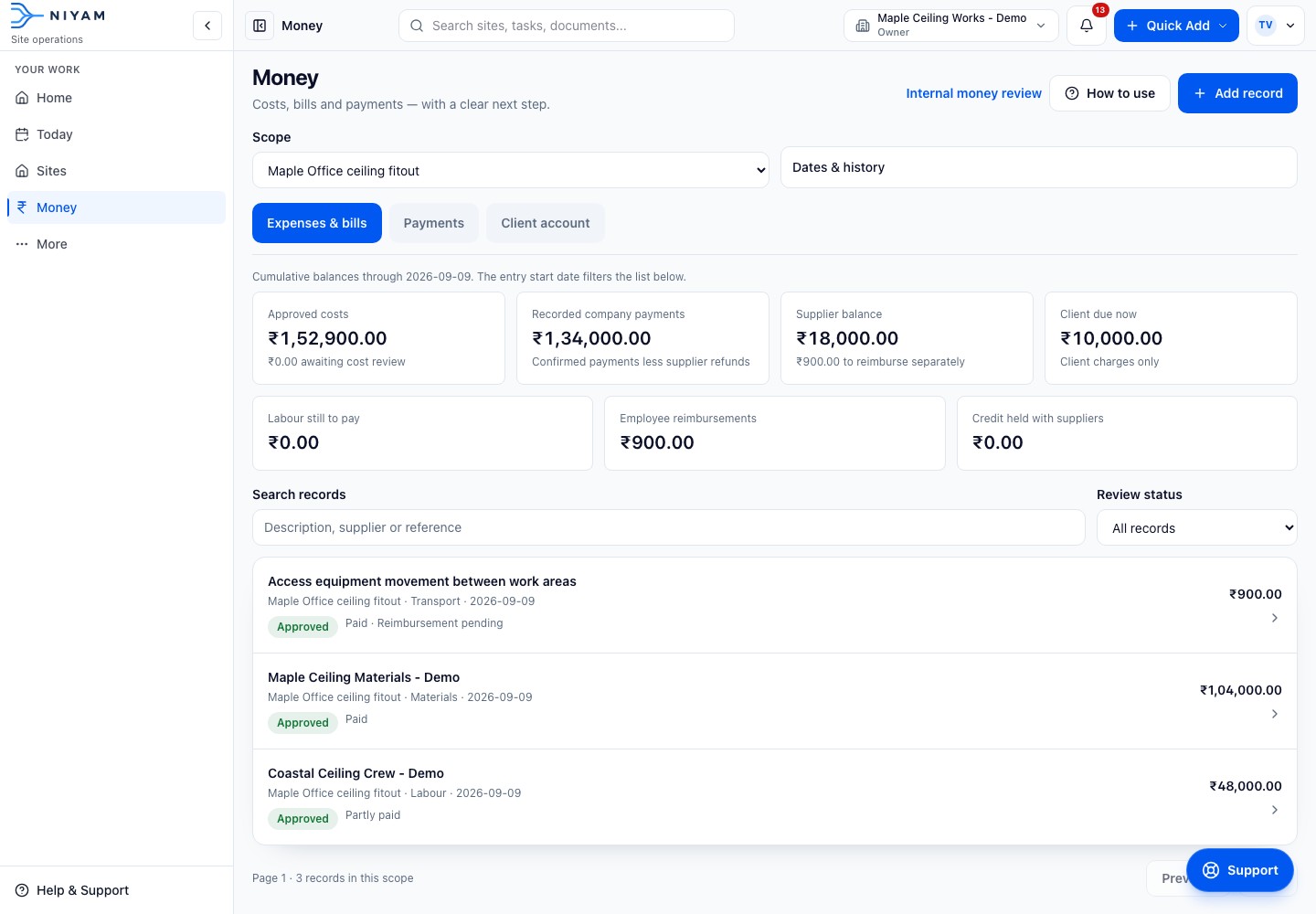 Actual NIYAM money view for the fictional Maple fitout, separating site costs, payments, installer balance, reimbursement and client amount due.