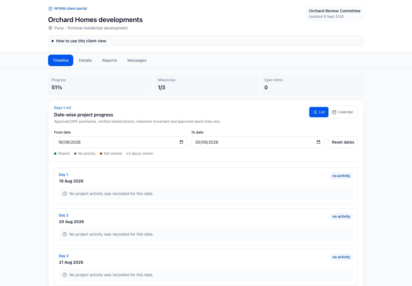 Actual NIYAM client portal for the fictional Orchard development, showing approved progress and controlled shared evidence.
