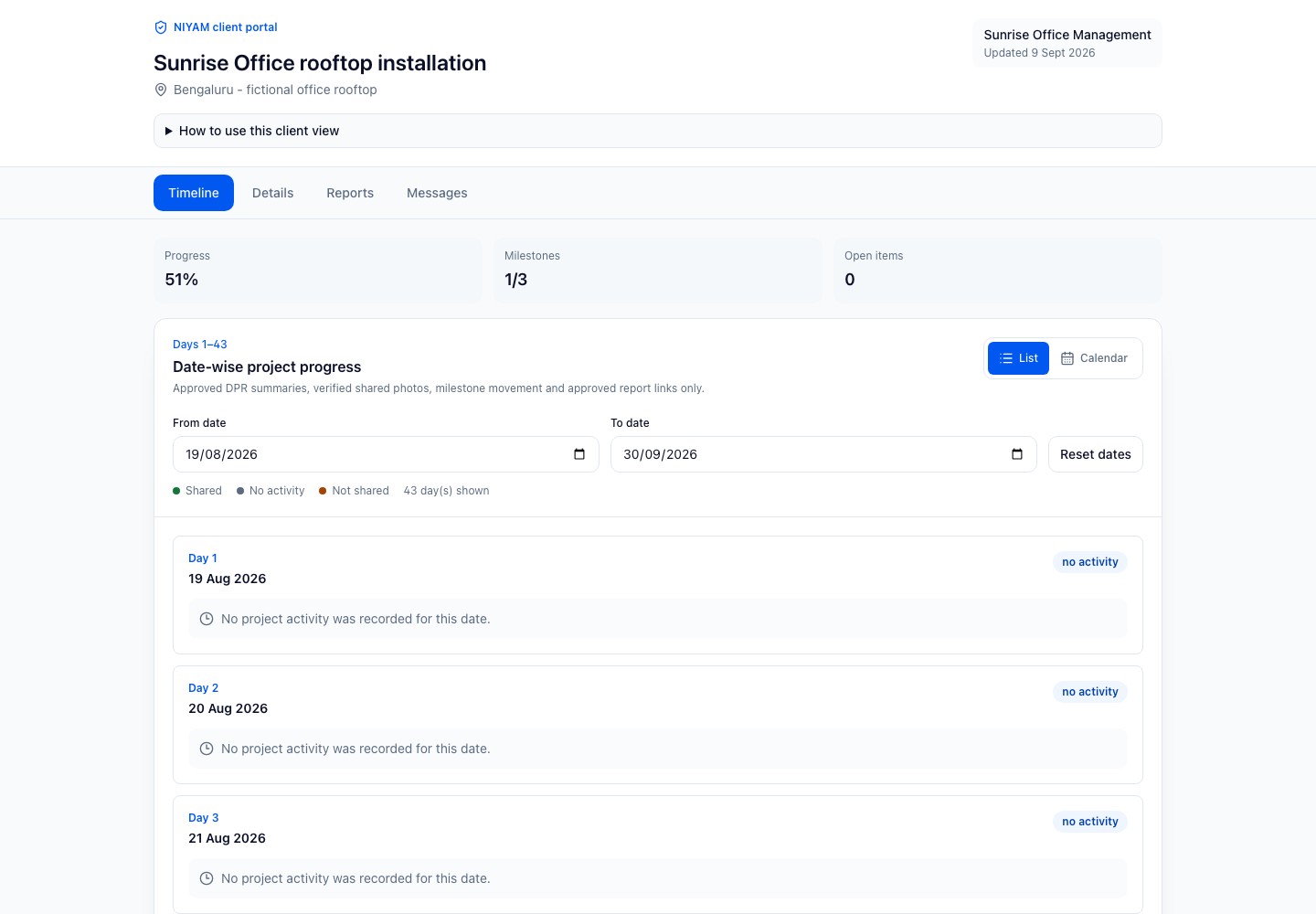 Actual NIYAM client portal for the fictional Sunrise rooftop installation, showing only selected reviewed progress and shared evidence.