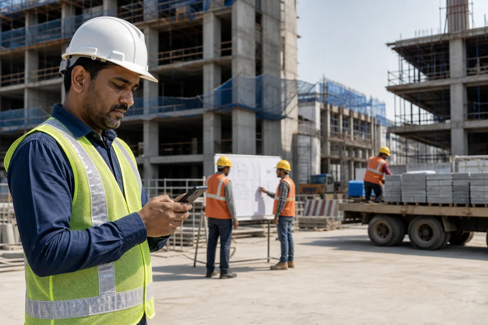 An Indian site supervisor coordinating the project day from an active construction site.