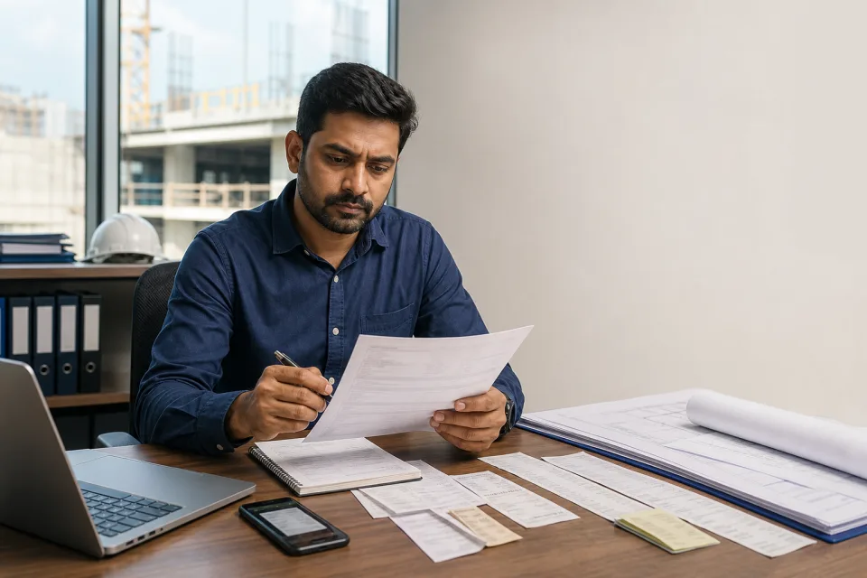 An Indian finance coordinator checking a project bill and supporting records in a site office.