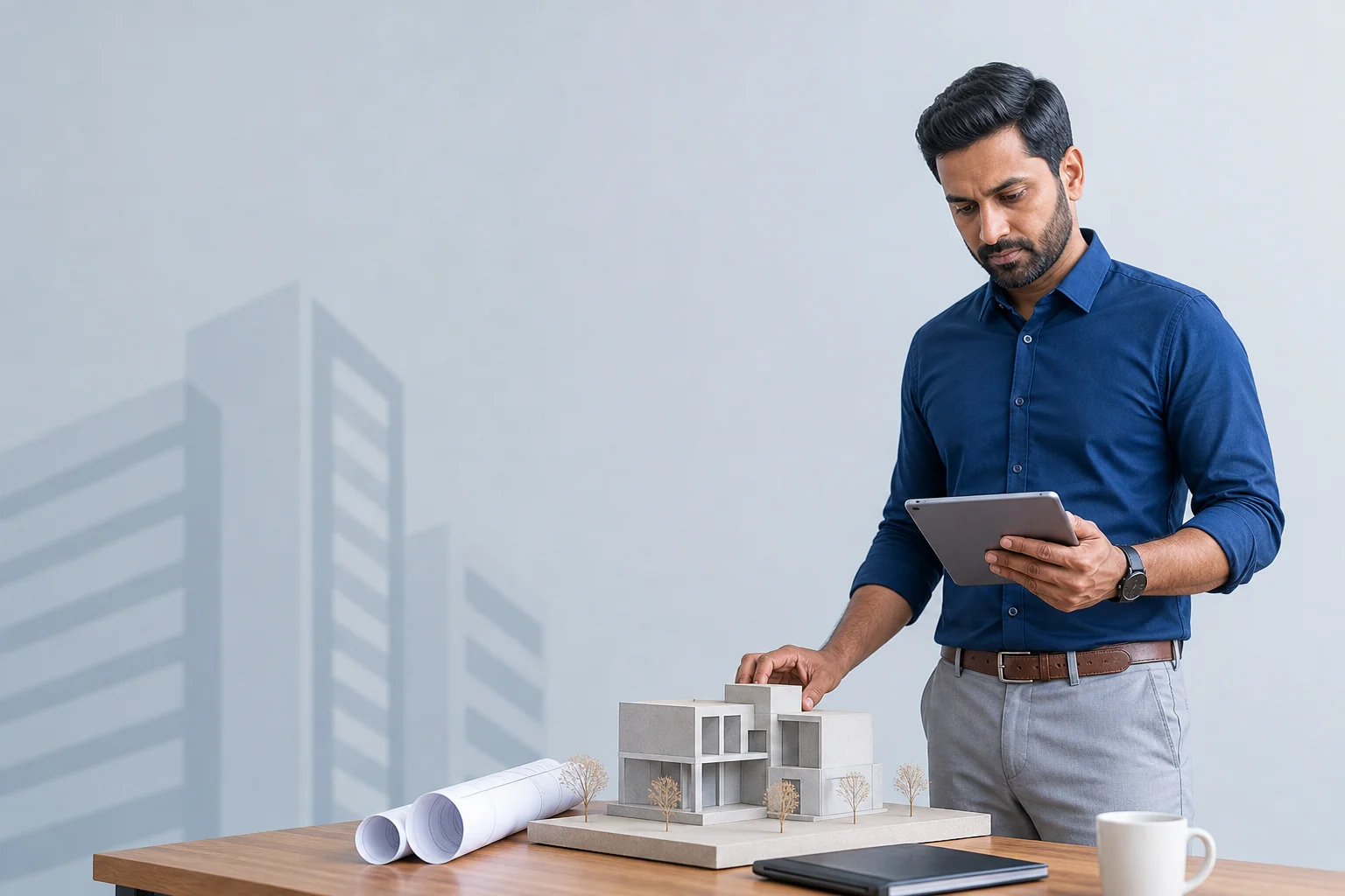 Indian development project director reviewing a tablet and architectural model
