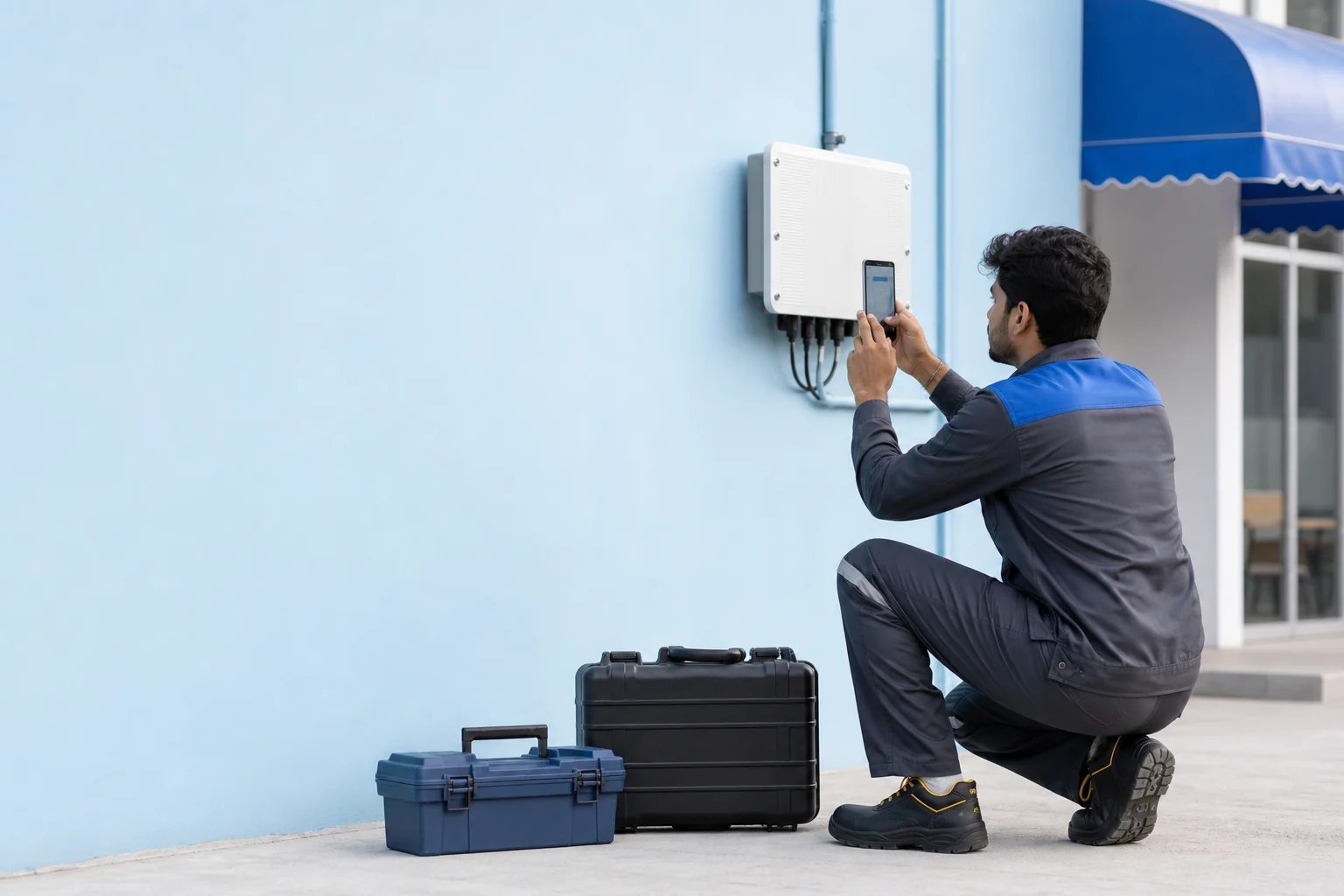 Indian field technician documenting a client-location equipment installation