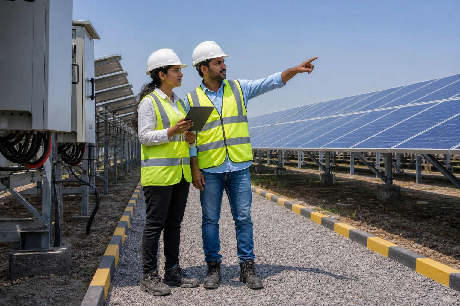 Indian solar project engineers inspecting installation progress