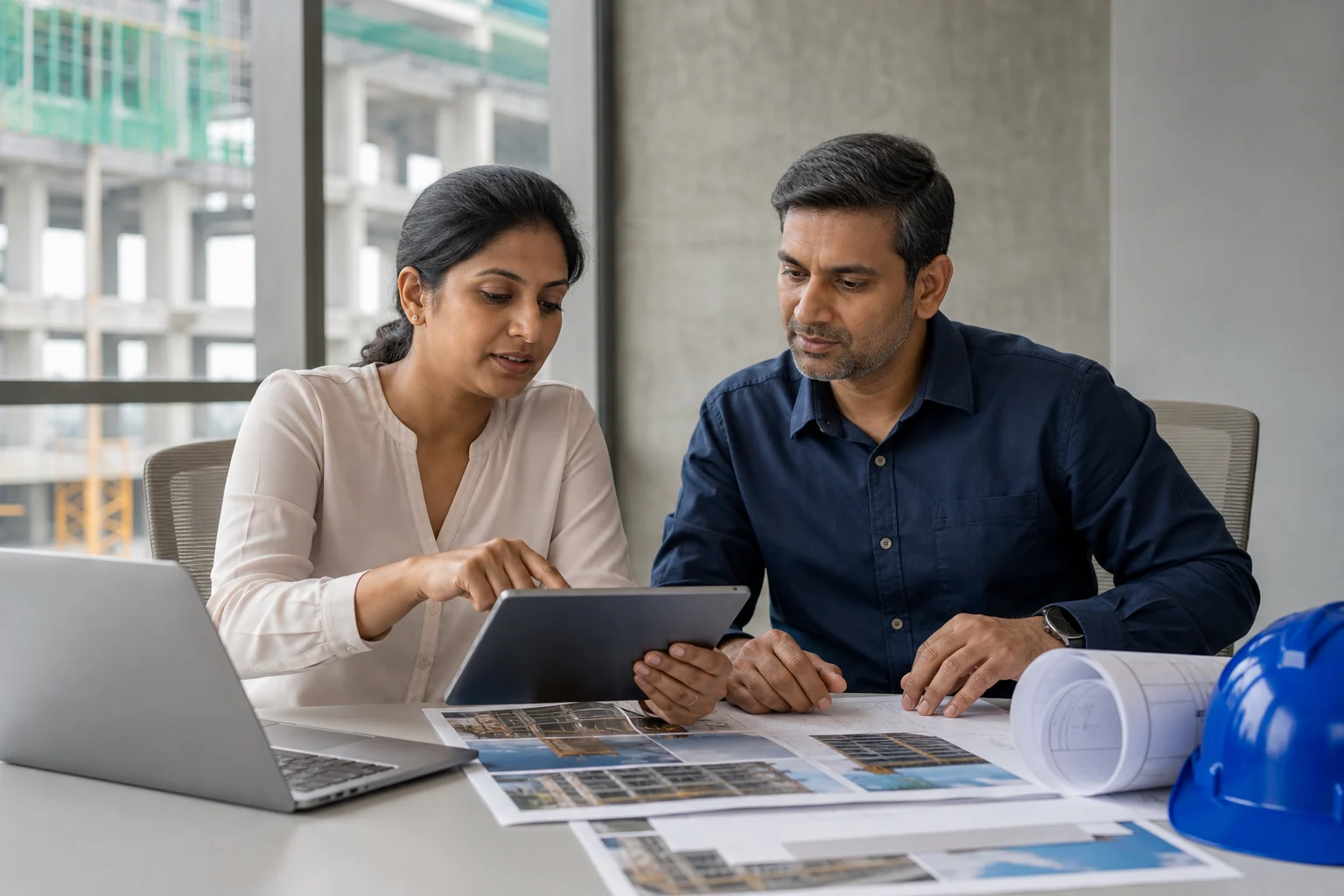 Indian project manager and client consultant reviewing project evidence