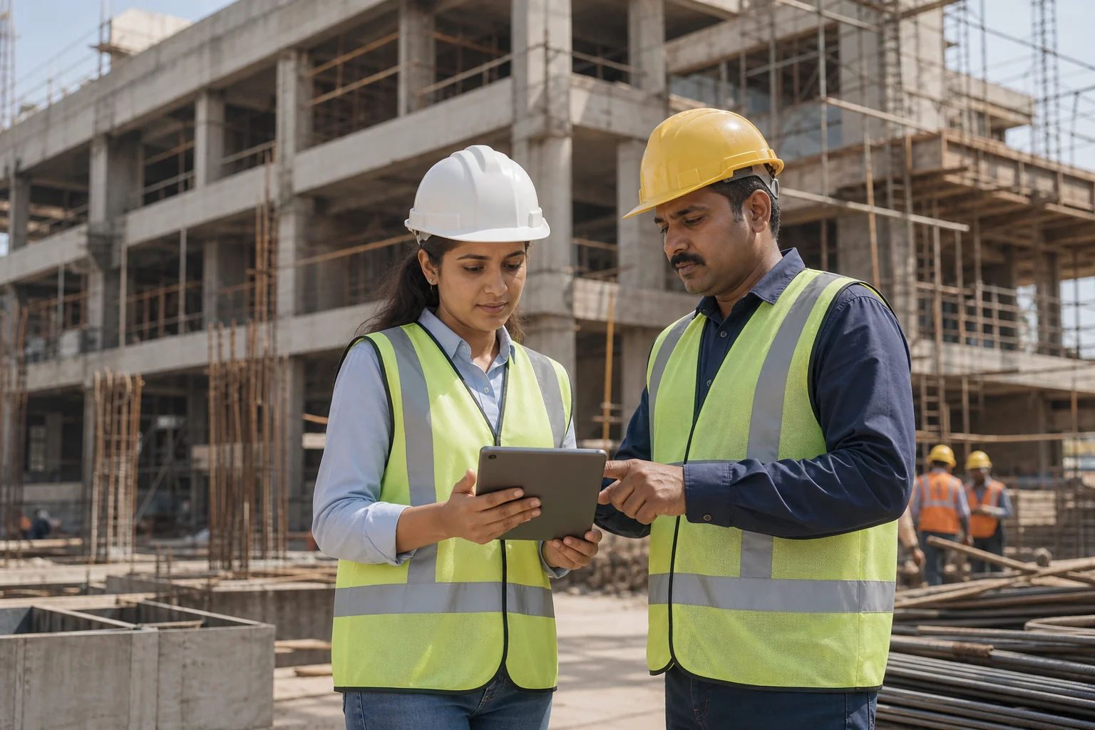 Indian project engineer and site supervisor reviewing work together