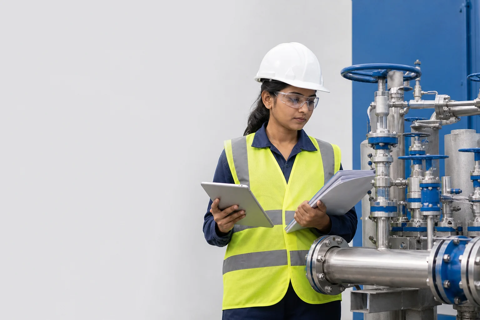 Indian EPC package engineer reviewing an industrial installation and documents