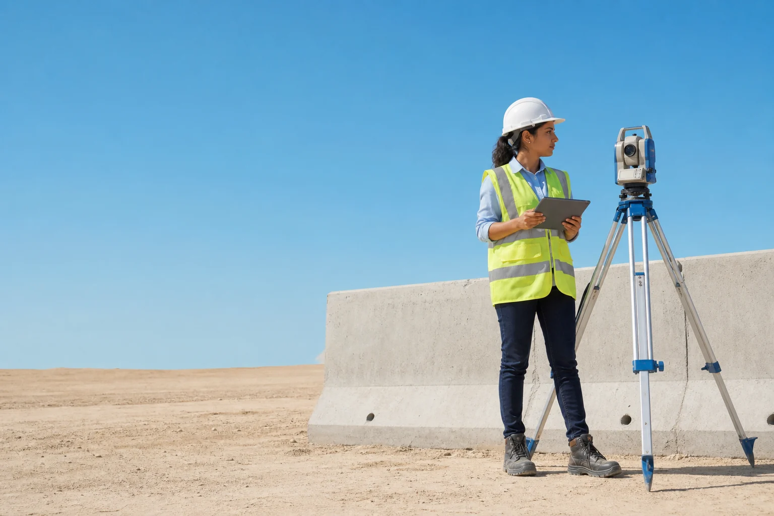 Indian civil engineer checking a work-front survey with a tablet