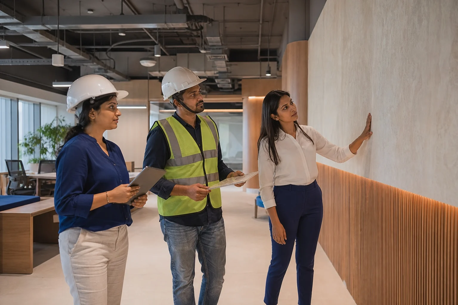 Indian interior project team and client reviewing an installed finish