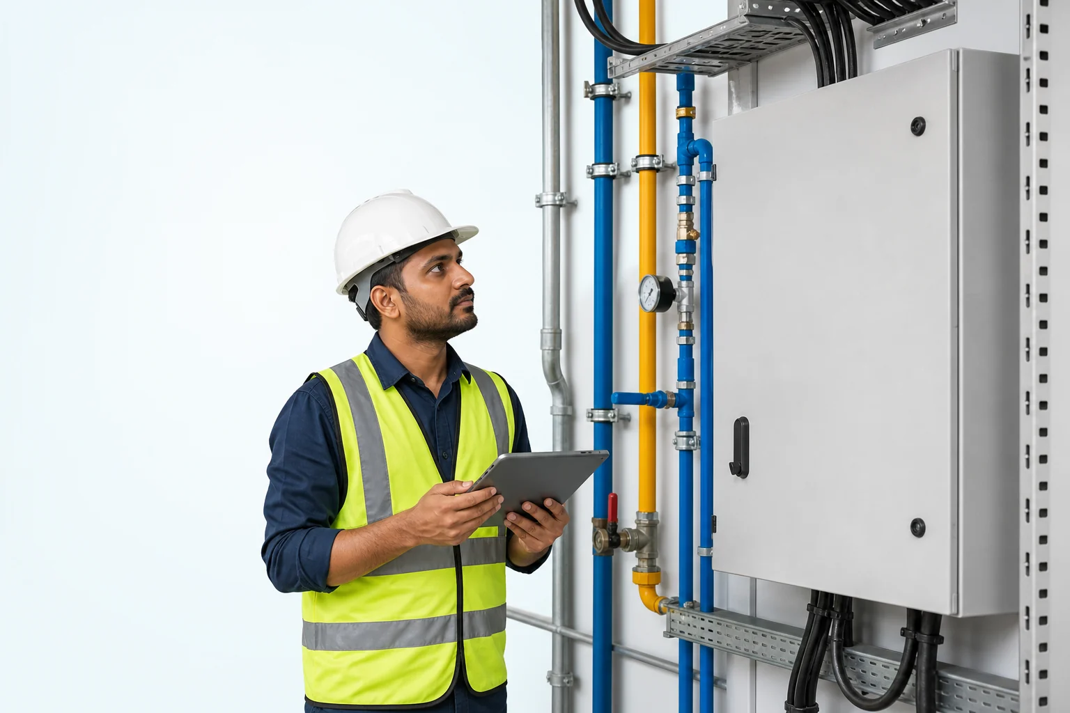 Indian MEP supervisor checking installed pipework and an electrical panel