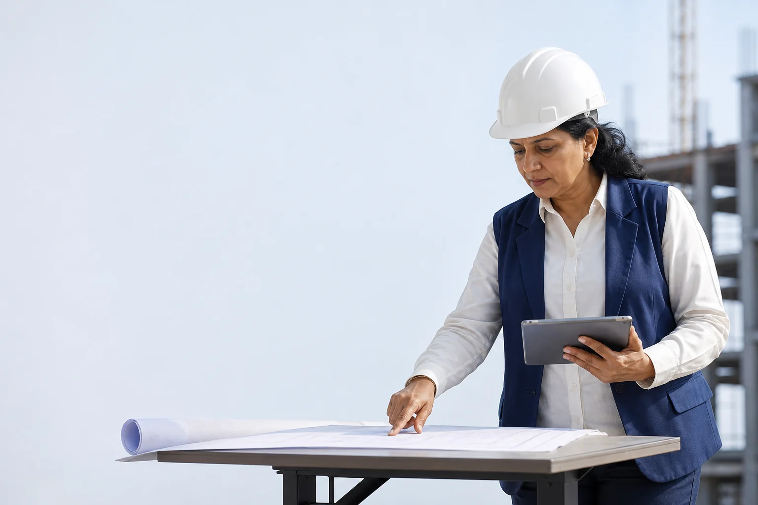 Indian project consultant reviewing contractor evidence and a site plan