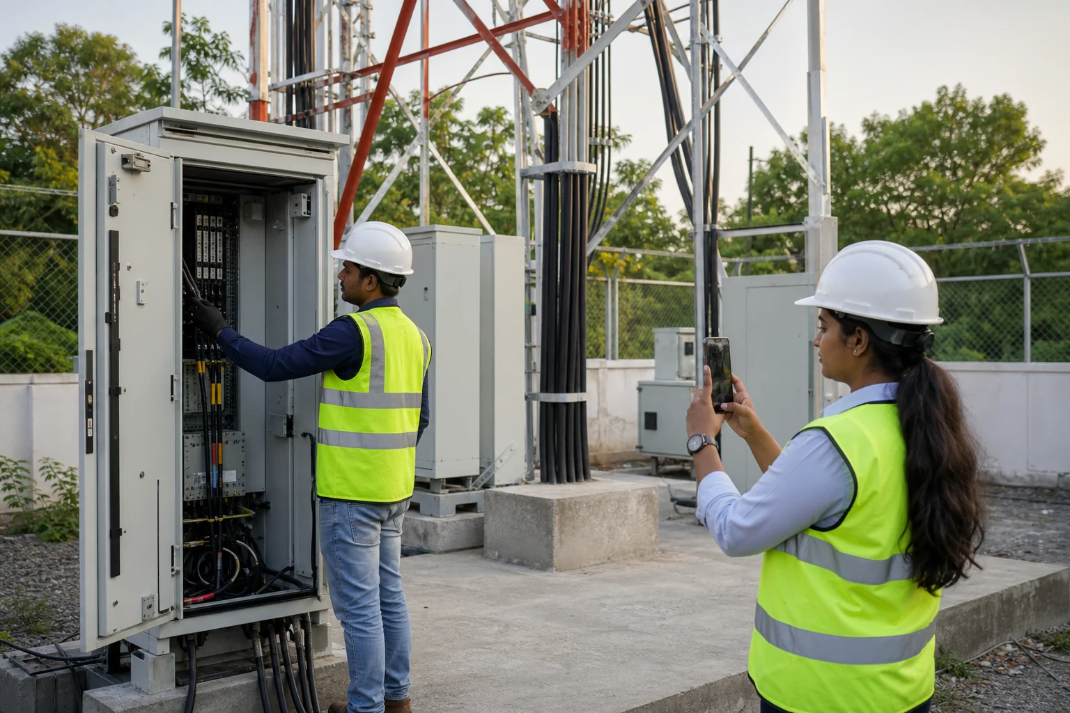 Indian telecom field team documenting a completed equipment installation
