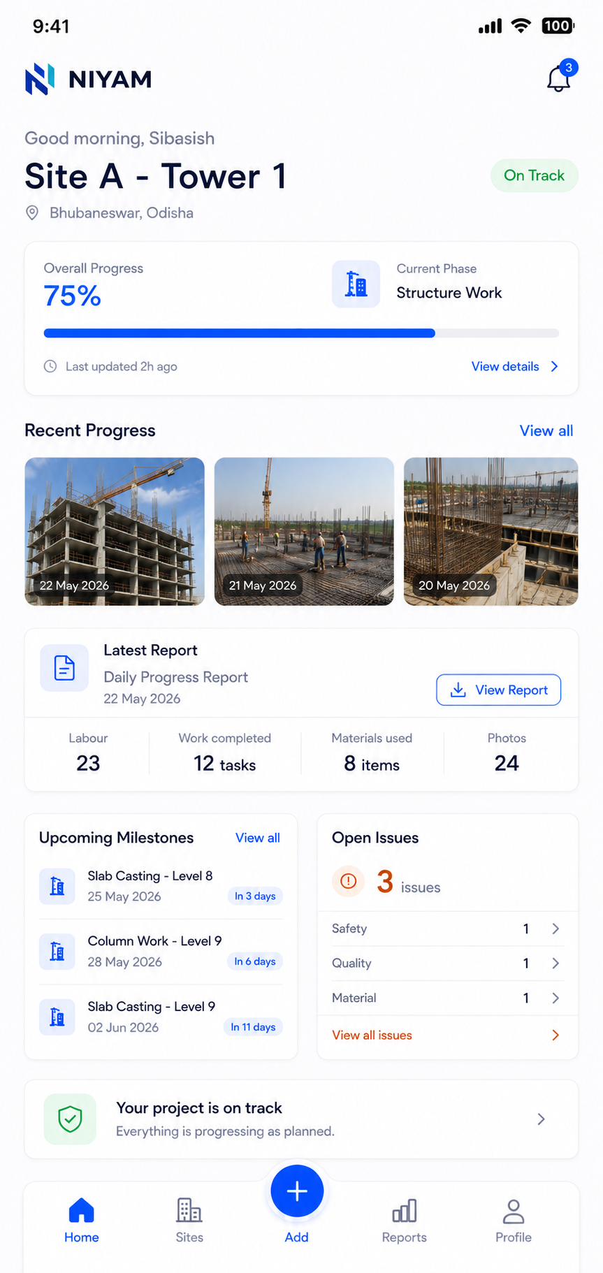 NIYAM mobile client project view