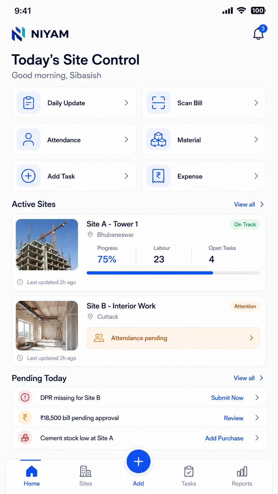 NIYAM mobile today view with assigned site work