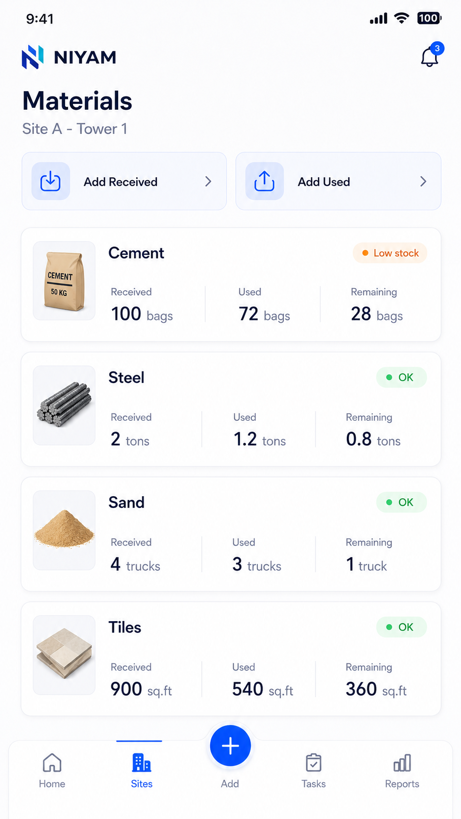 NIYAM mobile materials workflow