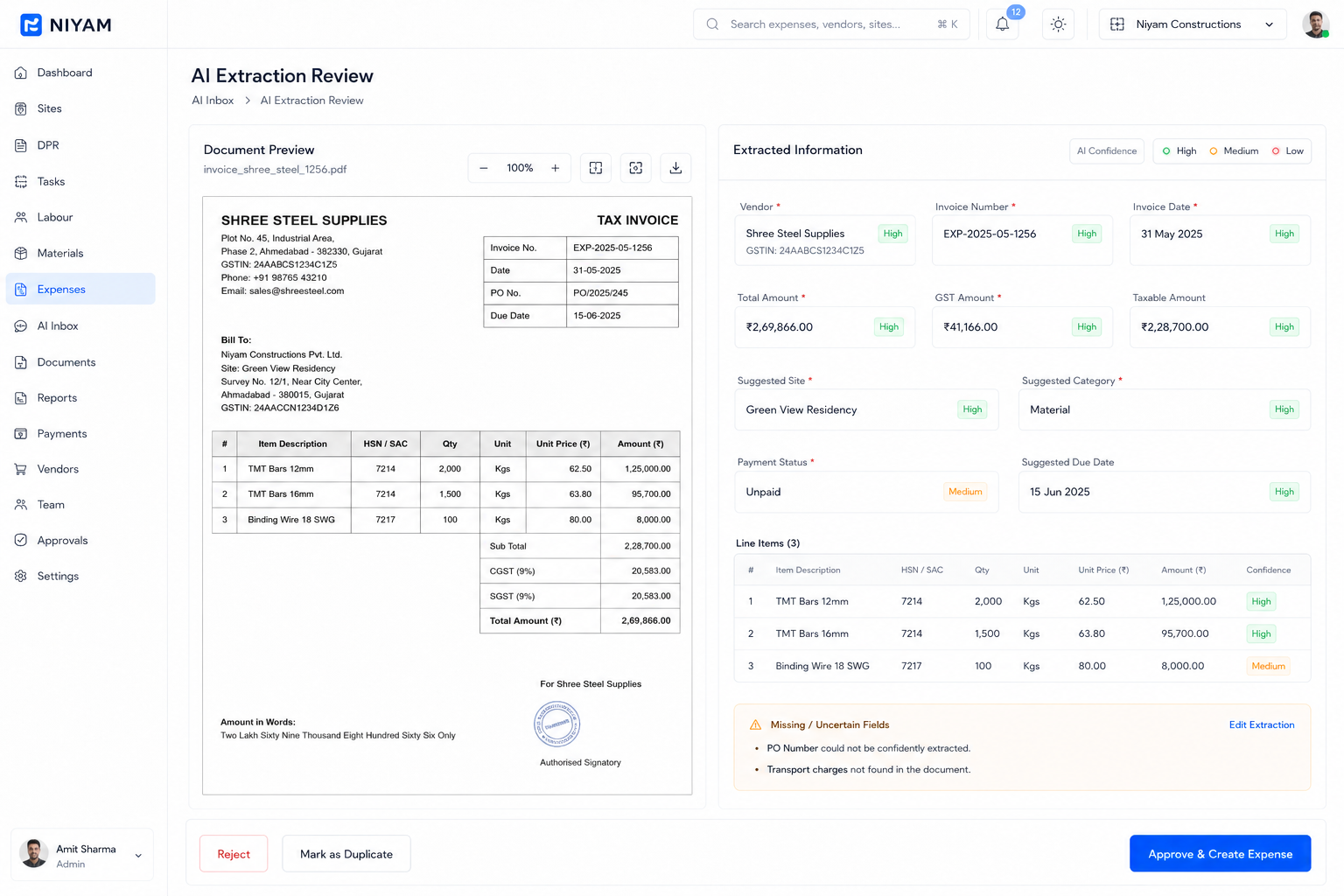 NIYAM AI-assisted bill fields prepared for human review; NIYAM mobile bill review workflow is shown on smaller screens