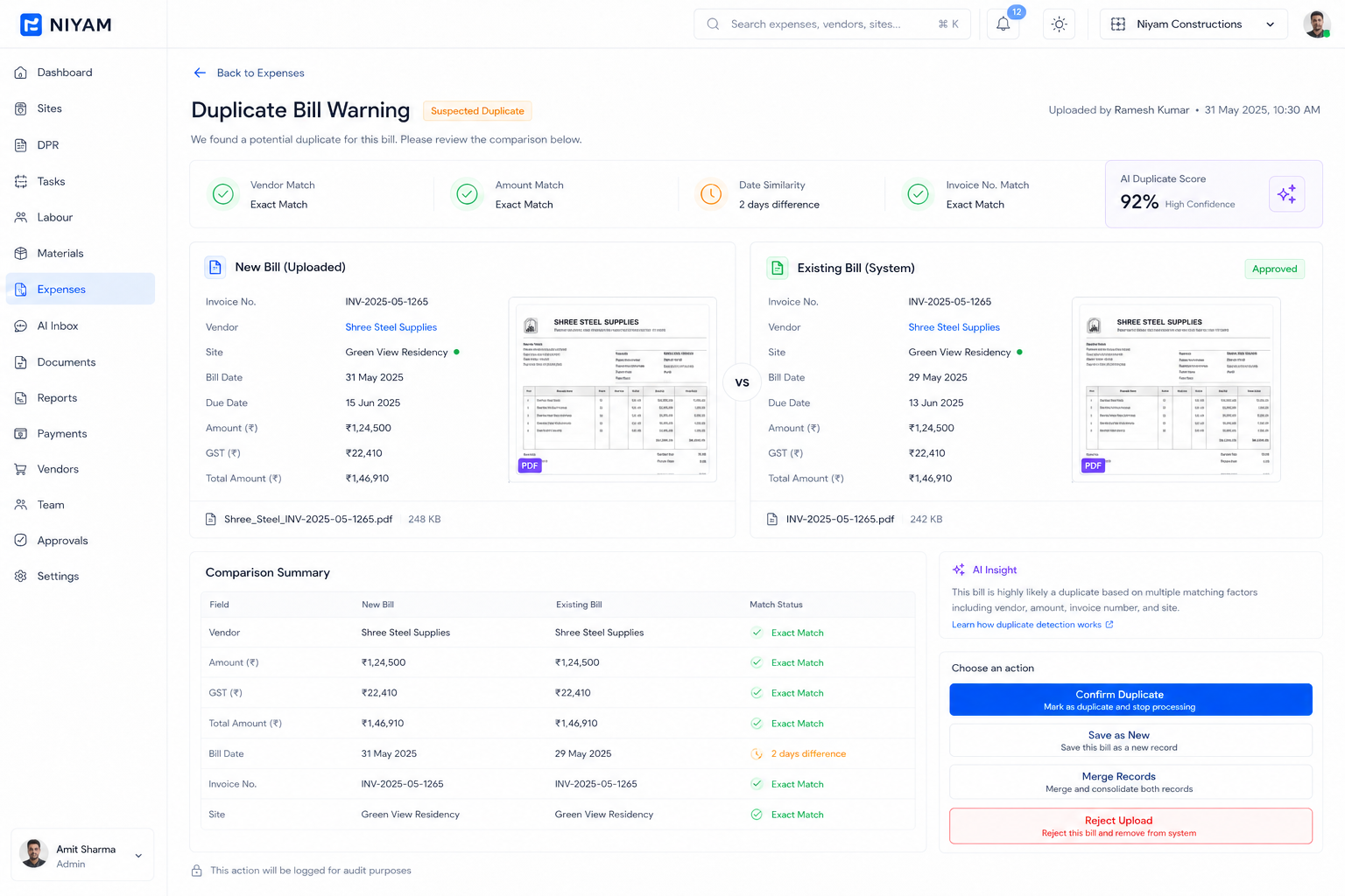 NIYAM possible duplicate bill signal for reviewer comparison
