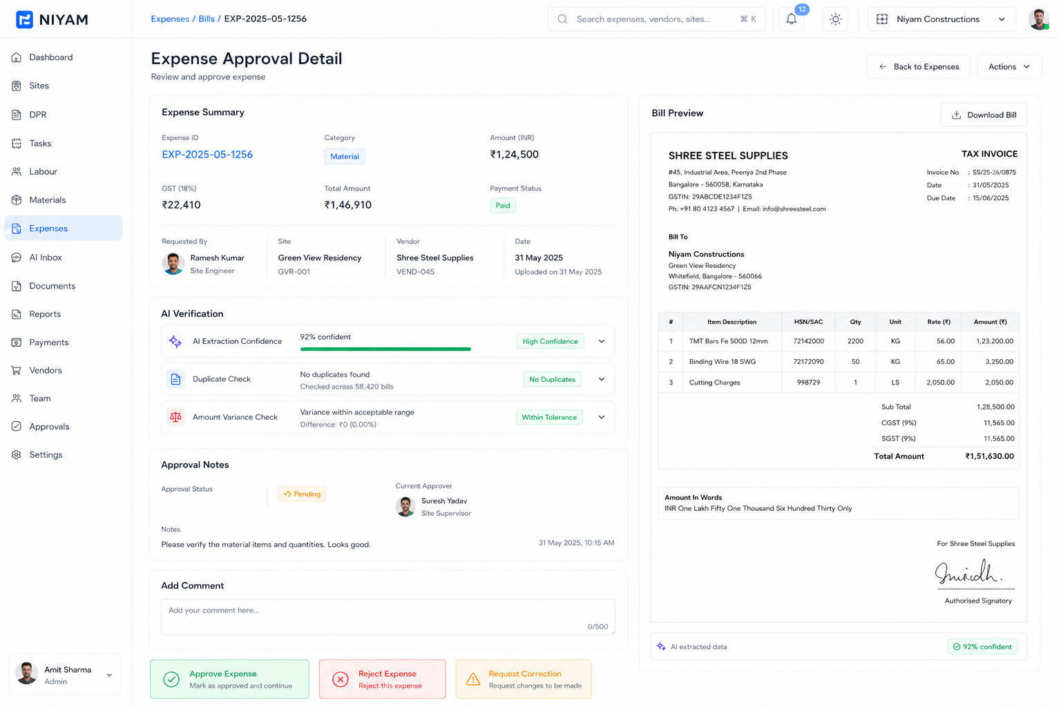 NIYAM Finance Inbox with expenses, approvals, payments due and vendors