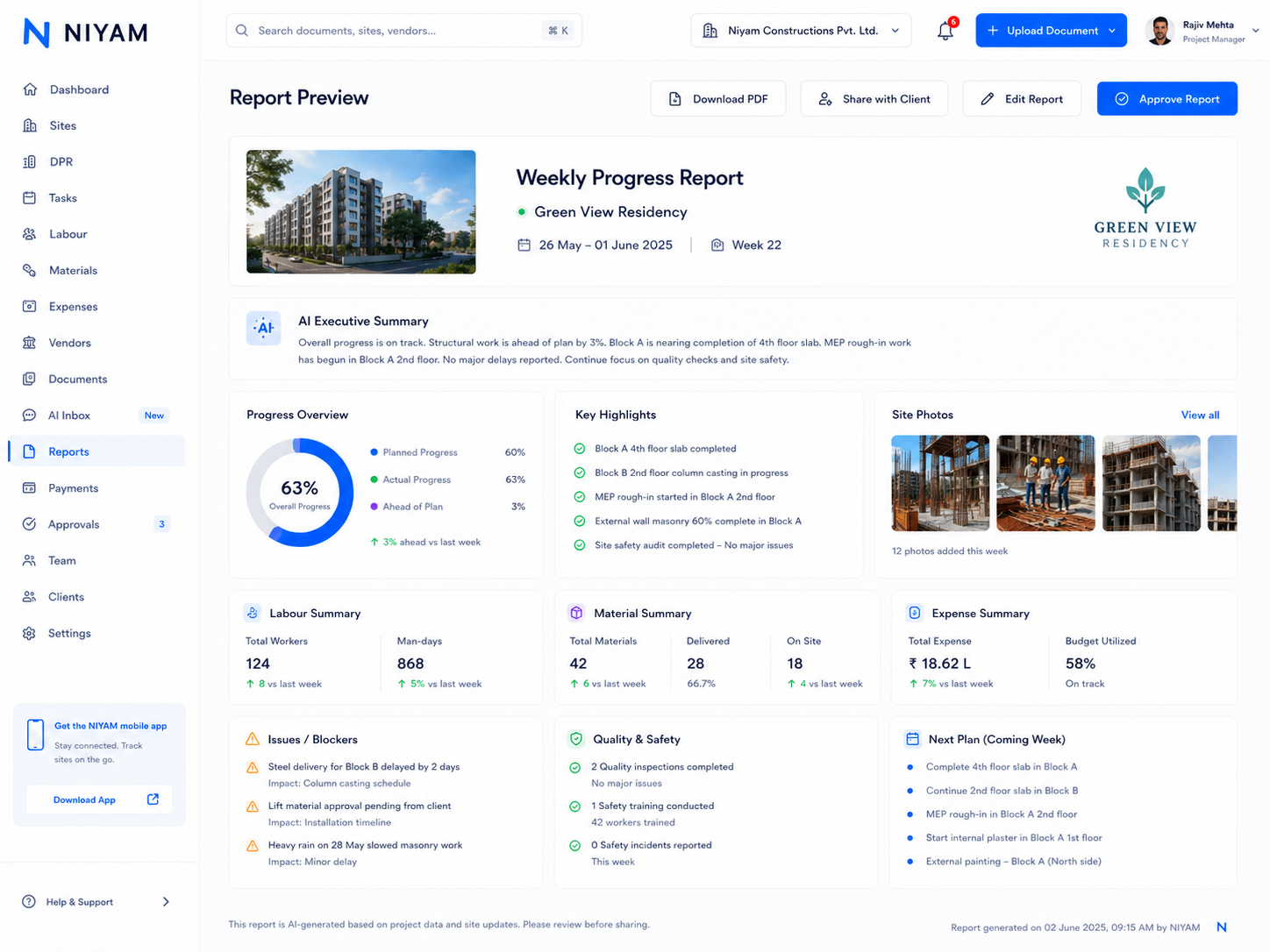 NIYAM report preview with reviewed project progress ready for controlled sharing