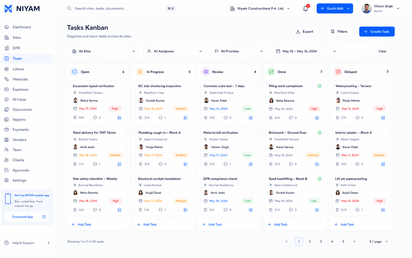 NIYAM task list with normal tasks, site issues, safety observations and quality checks; NIYAM mobile today view with assigned site work is shown on smaller screens